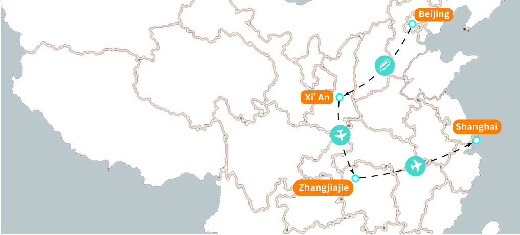 11 Days Beijing Xi'an Zhangjiajie Shanghai Group Tour Map